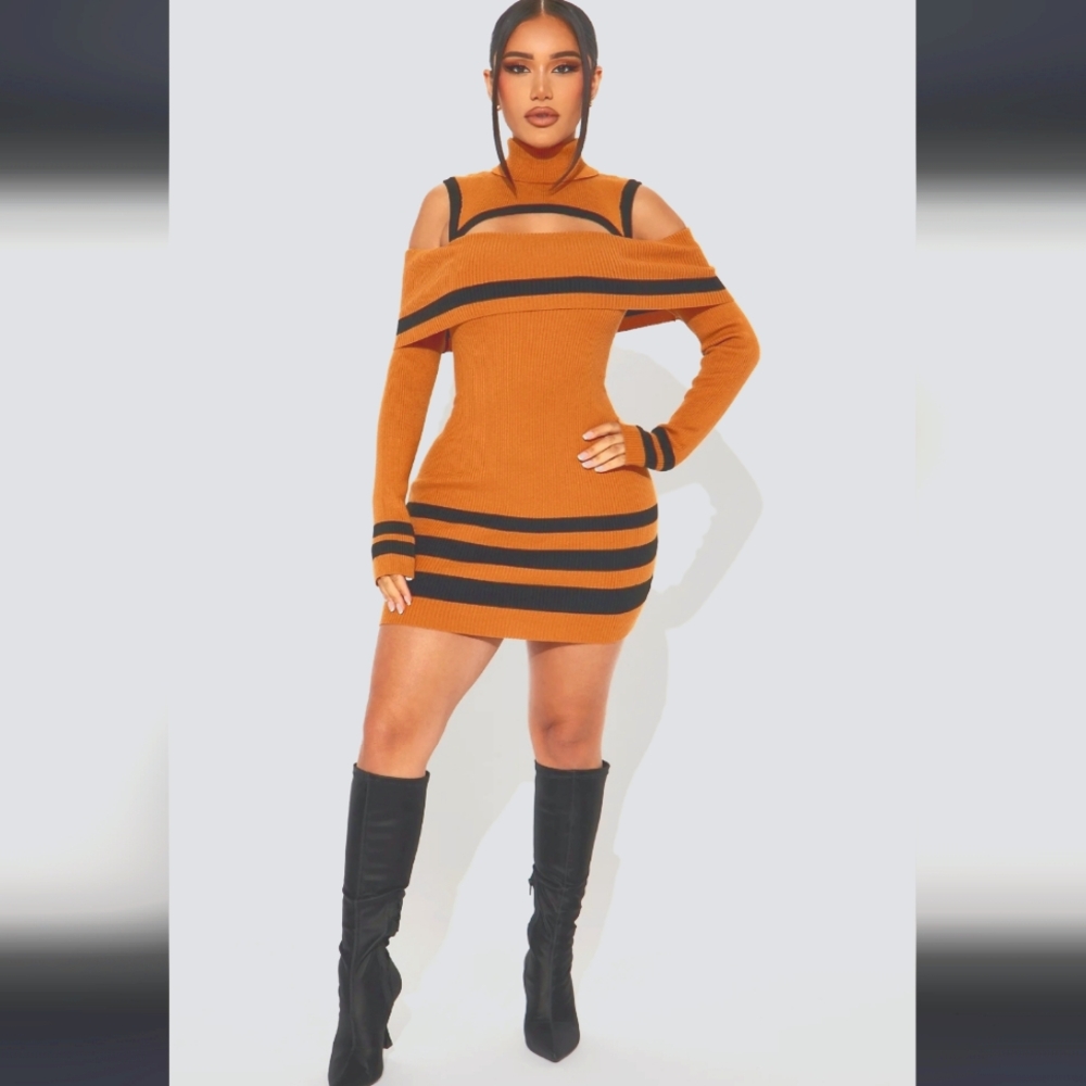 Kelsie Sweater Mini Dress -Camel/Combo